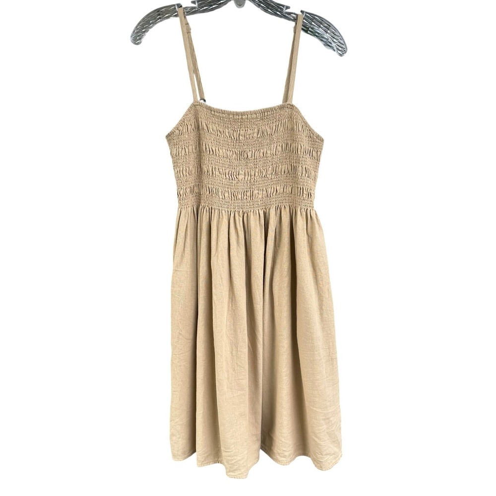 Universal Thread Tan Linen Blend Smocked Mini Sun Dress Pockets Womens Small - Picture 2 of 8